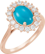 14K Gold Oval Natural Turquoise & Natural Diamond Halo-Style Cabochon Ring - Rose Gold