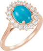 14K Gold Oval Natural Turquoise & Natural Diamond Halo-Style Cabochon Ring - Rose Gold