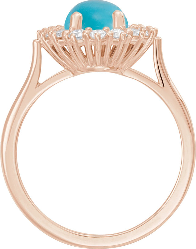 14K Gold Oval Natural Turquoise & Natural Diamond Halo-Style Cabochon Ring - Rose Gold - view 2