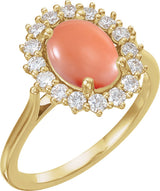 14K Gold Oval Natural Pink Coral & Natural Diamond Halo-Style Cabochon Ring - Yellow Gold