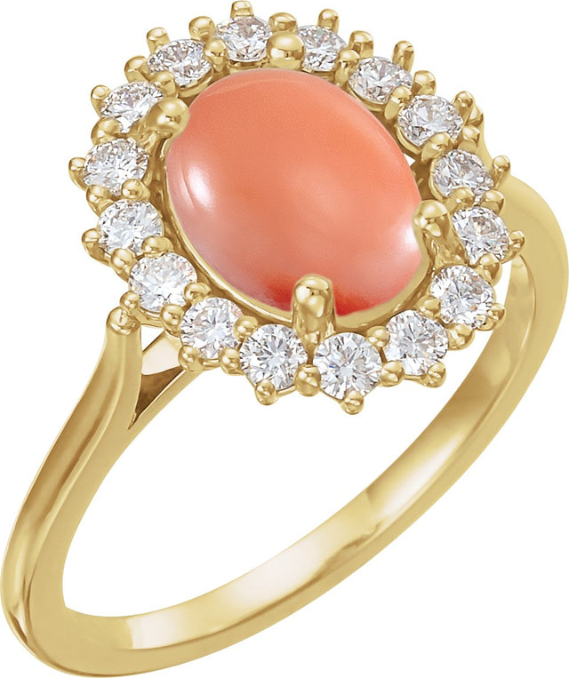 14K Gold Oval Natural Pink Coral & Natural Diamond Halo-Style Cabochon Ring - Yellow Gold