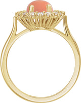 14K Gold Oval Natural Pink Coral & Natural Diamond Halo-Style Cabochon Ring - Yellow Gold - view 2