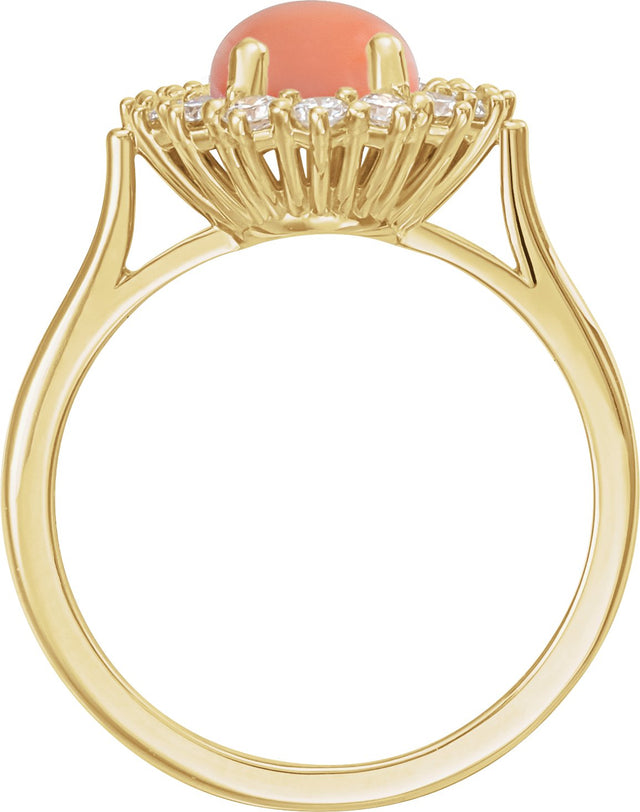 14K Gold Oval Natural Pink Coral & Natural Diamond Halo-Style Cabochon Ring - Yellow Gold - view 2