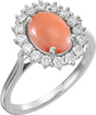 Platinum Oval Natural Pink Coral & Natural Diamond Halo-Style Cabochon Ring