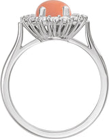 14K Gold Oval Natural Pink Coral & Natural Diamond Halo-Style Cabochon Ring - White Gold - view 2