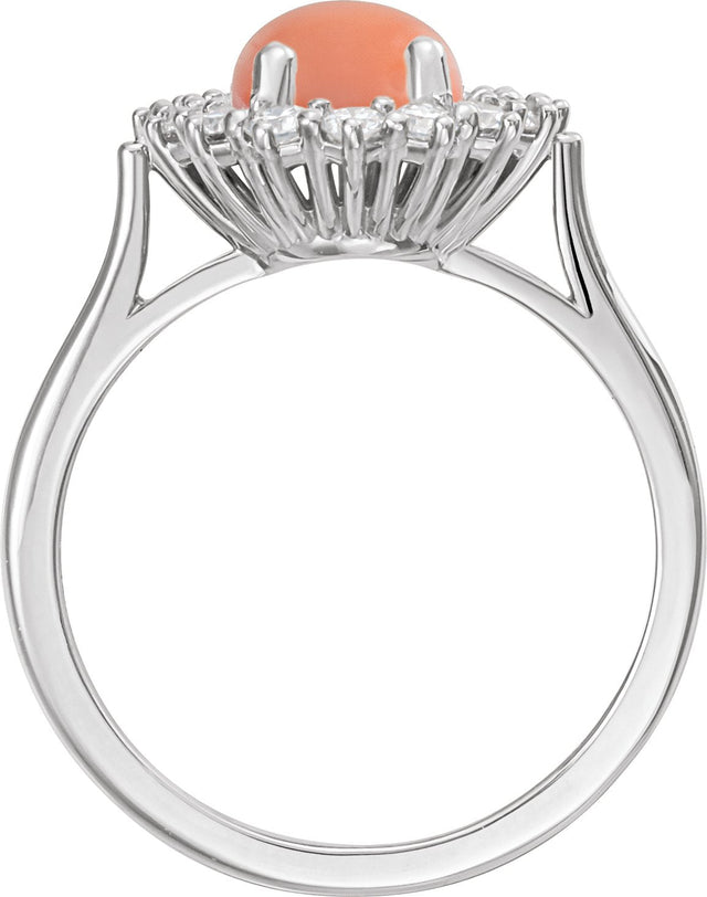 14K Gold Oval Natural Pink Coral & Natural Diamond Halo-Style Cabochon Ring - White Gold - view 2