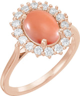 14K Gold Oval Natural Pink Coral & Natural Diamond Halo-Style Cabochon Ring - Rose Gold