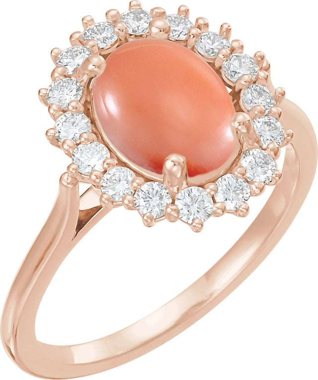 14K Gold Oval Natural Pink Coral & Natural Diamond Halo-Style Cabochon Ring - Rose Gold