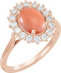 14K Gold Oval Natural Pink Coral & Natural Diamond Halo-Style Cabochon Ring - Rose Gold