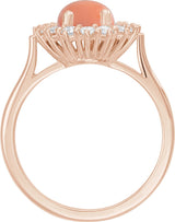 14K Gold Oval Natural Pink Coral & Natural Diamond Halo-Style Cabochon Ring - Rose Gold - view 2