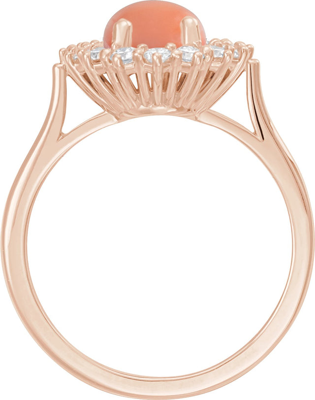 14K Gold Oval Natural Pink Coral & Natural Diamond Halo-Style Cabochon Ring - Rose Gold - view 2