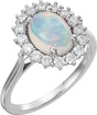 Platinum Oval Natural White Ethiopian Opal & Natural Diamond Halo-Style Cabochon Ring