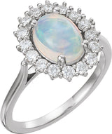14K Gold Oval Natural Ethiopian Opal & Natural Diamond Halo-Style Cabochon Ring - White Gold