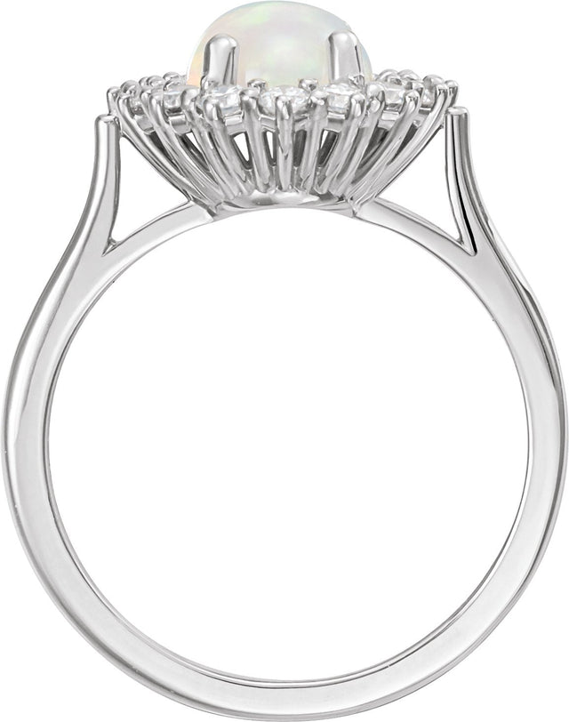 14K Gold Oval Natural White Ethiopian Opal & Natural Diamond Halo-Style Cabochon Ring - White Gold - view 2