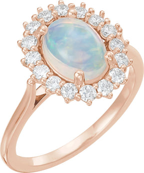 14K Gold Oval Natural Ethiopian Opal & Natural Diamond Halo-Style Cabochon Ring - Rose Gold