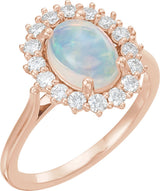 14K Gold Oval Natural White Ethiopian Opal & Natural Diamond Halo-Style Cabochon Ring - Rose Gold