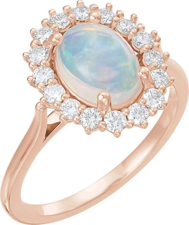 14K Gold Oval Natural White Ethiopian Opal & Natural Diamond Halo-Style Cabochon Ring - Rose Gold