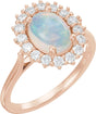 14K Gold Oval Natural White Ethiopian Opal & Natural Diamond Halo-Style Cabochon Ring - Rose Gold