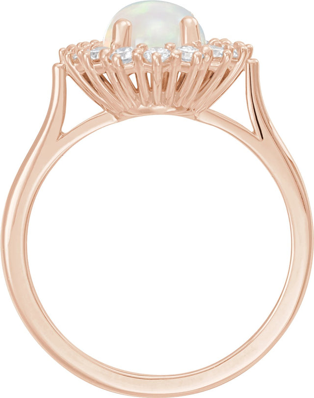14K Gold Oval Natural White Ethiopian Opal & Natural Diamond Halo-Style Cabochon Ring - Rose Gold - view 2