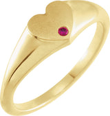 14K Gold Round Natural Ruby Heart Signet Ring - Yellow Gold