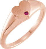 14K Gold Round Natural Ruby Heart Signet Ring - Rose Gold