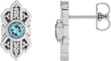 14K Gold Round Natural Aquamarine & Natural Diamond Art Deco Earrings - White Gold