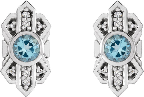 Platinum Round Natural Aquamarine & Natural Diamond Art Deco Earrings - view 2