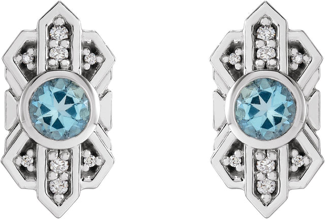 Platinum Round Natural Aquamarine & Natural Diamond Art Deco Earrings - view 2