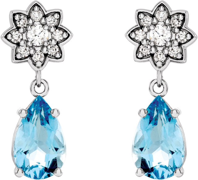 14K Gold Pear Natural Aquamarine Floral Earrings - White Gold - view 2
