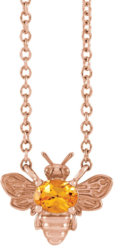 14K Gold Oval Natural Spessartite Garnet Bee Necklace - Rose Gold