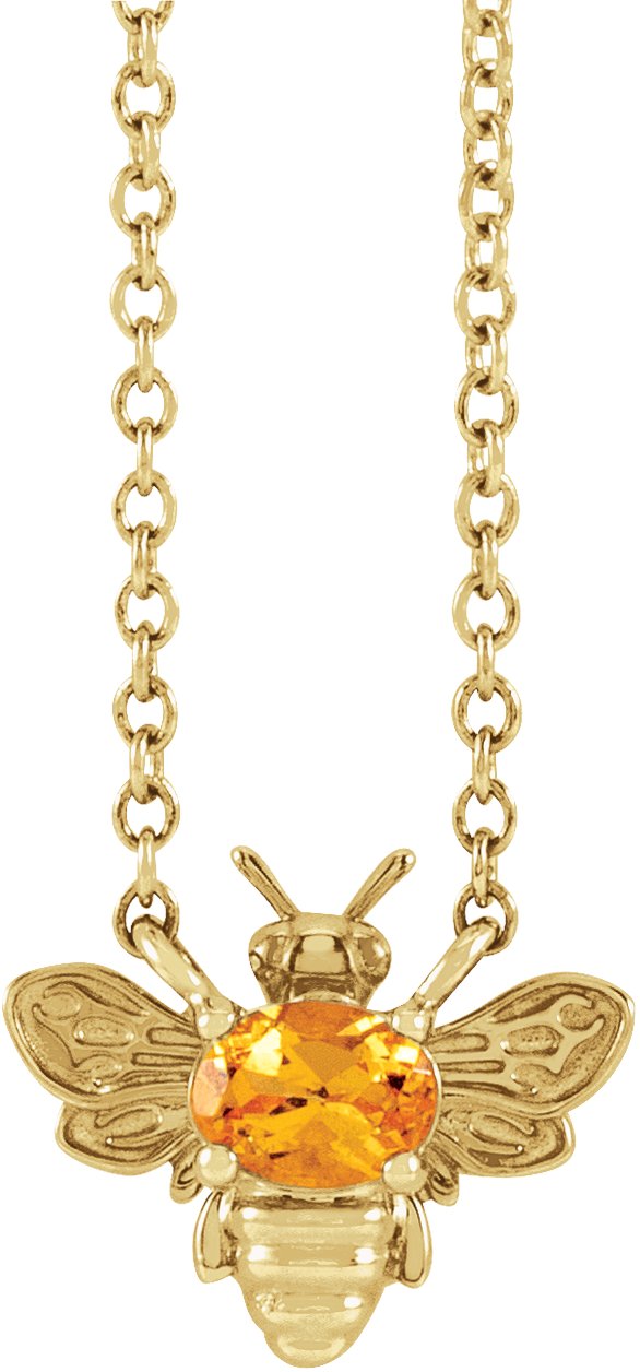 14K Gold Oval Natural Orange Garnet Bee Necklace - Yellow Gold