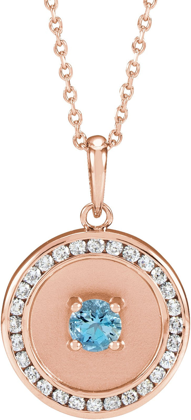 14K Gold Round Natural Aquamarine & Natural Diamond Accented Disc Necklace or Pendant - Rose Gold