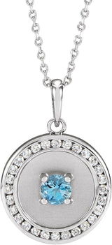 Platinum Round Natural Aquamarine & Natural Diamond Accented Disc Necklace or Pendant