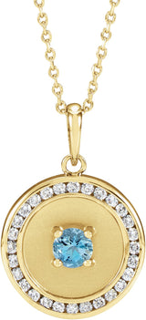 14K Gold Round Natural Aquamarine & Natural Diamond Accented Disc Necklace or Pendant - Yellow Gold