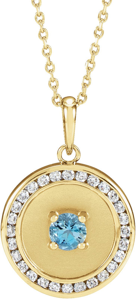 14K Gold Round Natural Aquamarine & Natural Diamond Accented Disc Necklace or Pendant - Yellow Gold