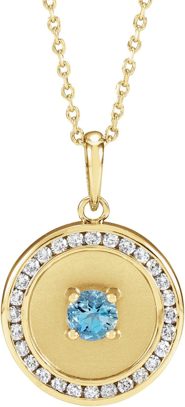 14K Gold Round Natural Aquamarine & Natural Diamond Accented Disc Necklace or Pendant - Yellow Gold