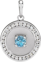 14K Gold Round Natural Aquamarine & Natural Diamond Accented Disc Necklace or Pendant - White Gold