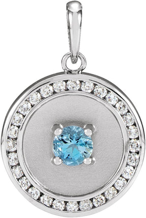 14K Gold Round Natural Aquamarine & Natural Diamond Accented Disc Necklace or Pendant - White Gold