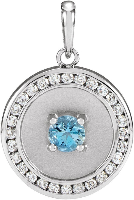 Platinum Round Natural Aquamarine & Natural Diamond Accented Disc Necklace or Pendant