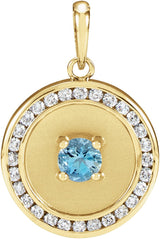 14K Gold Round Natural Aquamarine & Natural Diamond Accented Disc Necklace or Pendant - Yellow Gold