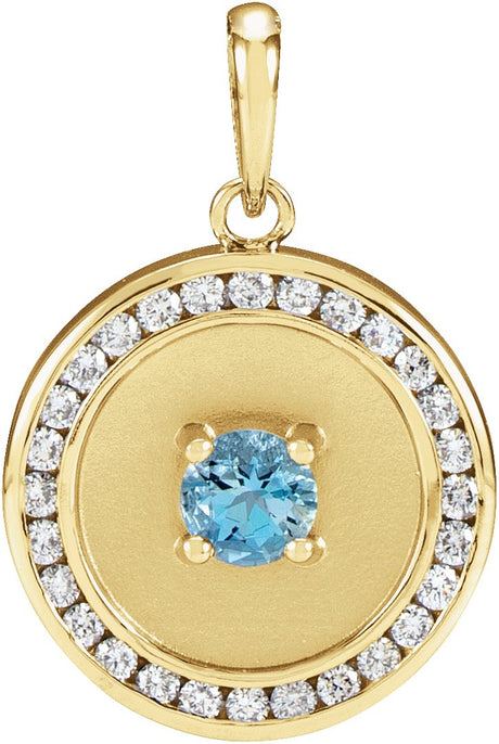 14K Gold Round Natural Aquamarine & Natural Diamond Accented Disc Necklace or Pendant - Yellow Gold