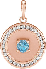 14K Gold Round Natural Aquamarine & Natural Diamond Accented Disc Necklace or Pendant - Rose Gold