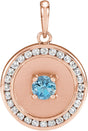 14K Gold Round Natural Aquamarine & Natural Diamond Accented Disc Necklace or Pendant - Rose Gold