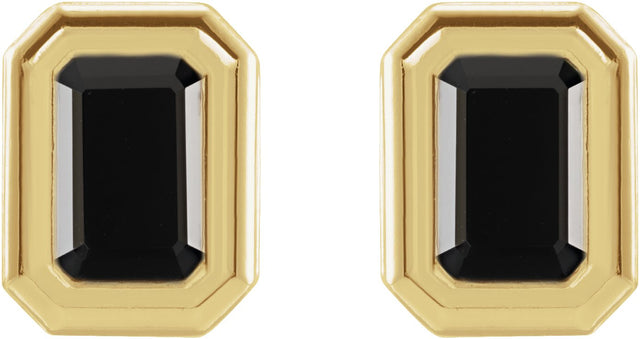 14K Gold Natural Black Onyx Emerald Solitaire Earrings - Yellow Gold - view 4