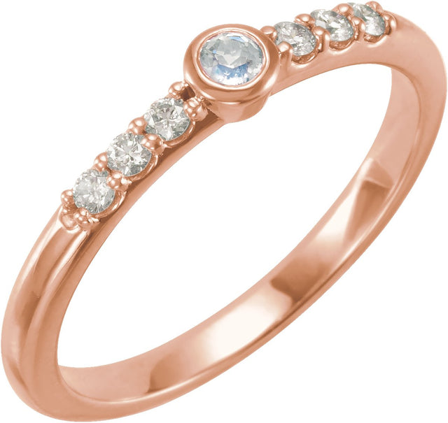 14K Gold Round Natural Blue Sheen Moonstone & Natural Diamond Stackable Bezel-Set Ring - Rose Gold