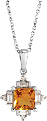14K Gold Square Natural Citrine & Natural Diamond Geometric Necklace or Pendant - White Gold
