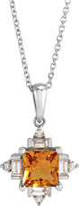 Platinum Square Natural Citrine & Natural Diamond Geometric Necklace or Pendant