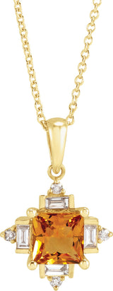 14K Gold Square Natural Citrine & Natural Diamond Geometric Necklace or Pendant - Yellow Gold