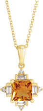 14K Gold Square Natural Citrine & Natural Diamond Geometric Necklace or Pendant - Yellow Gold