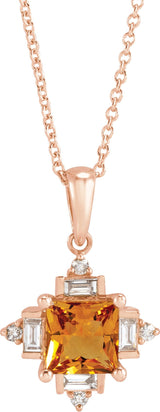 14K Gold Square Natural Citrine & Natural Diamond Geometric Necklace or Pendant - Rose Gold